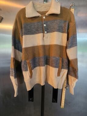Striped Chunky Knit Cardigan Sweater Tan Gray Cream Snap Button